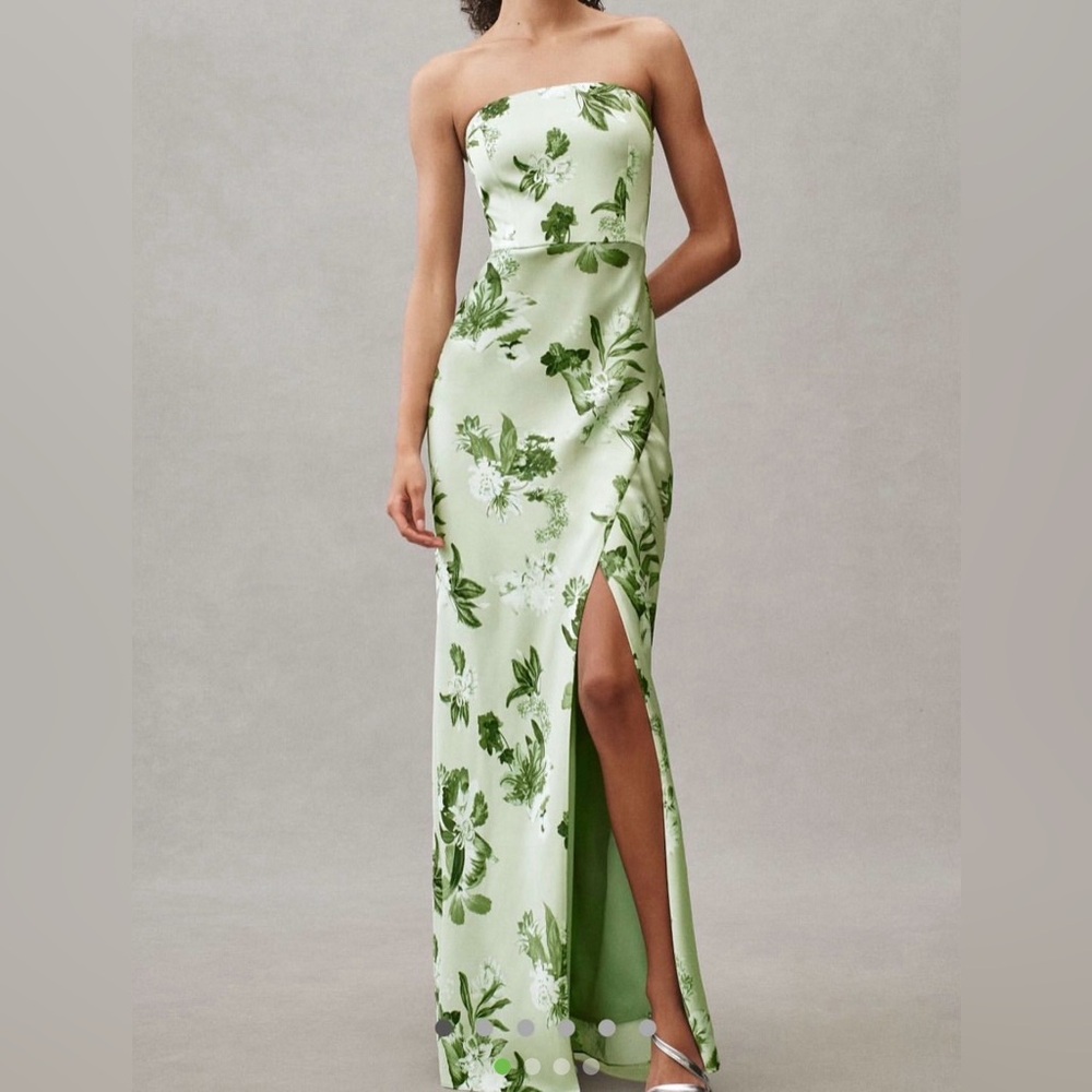 Anthropologie Light Green Floral Maxi Dress with Side Slit